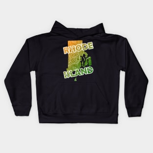 Colorful mandala art map of Rhode Island with text in green and orange Kids Hoodie